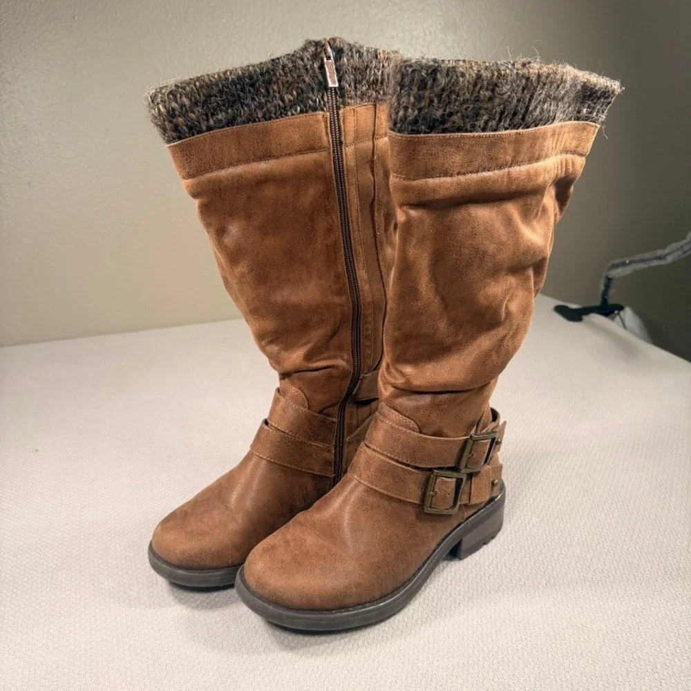 Torrid Slouchy Tall Boots 7W Womens Cognac Faux Leather Knit Cuff Buckle Detail